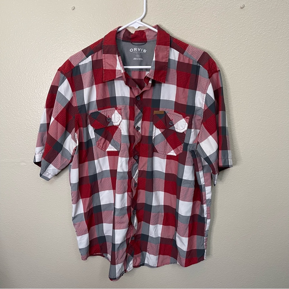 Orvis Short Sleeve Red Gray White Plaid Button Down Shirt Size XL